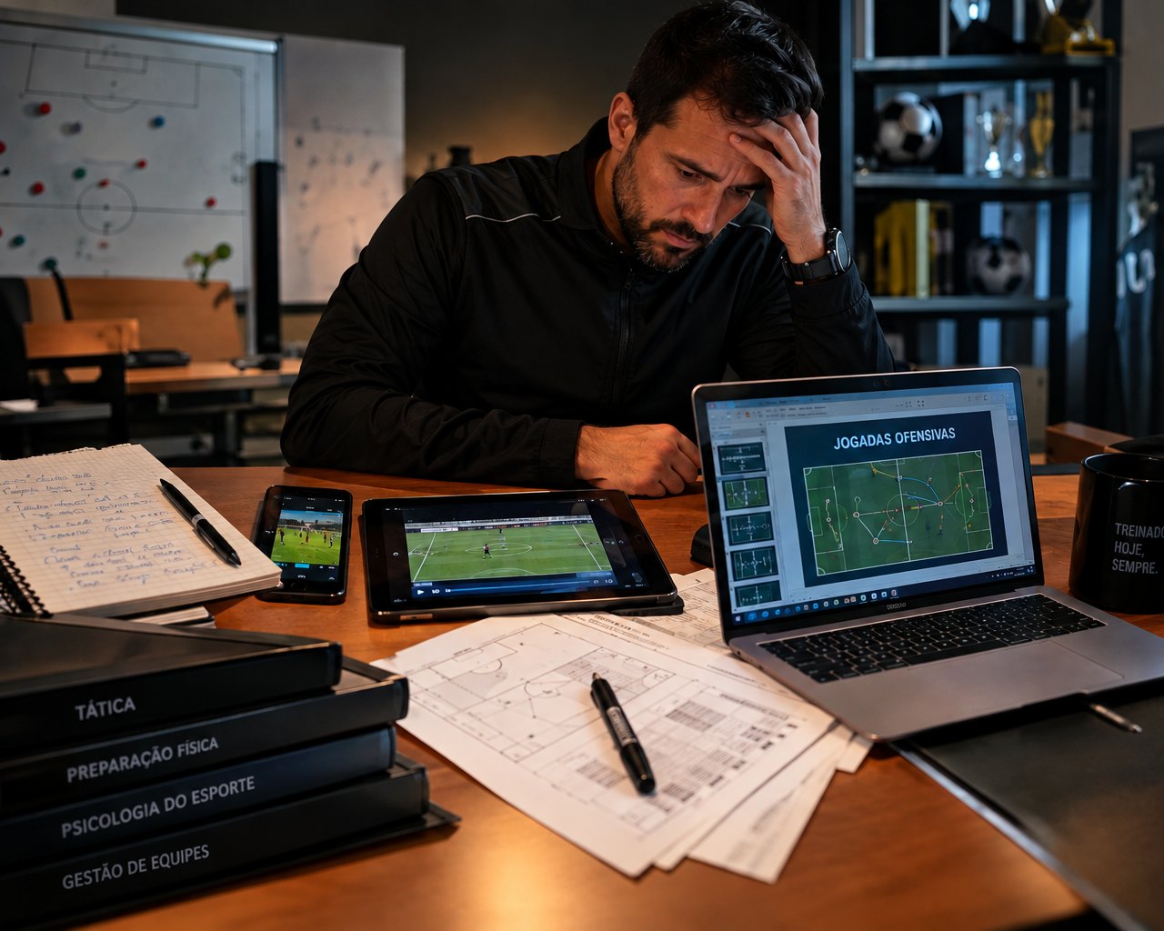 A mesa de um treinador: um caderno, um telemóvel, um iPad e um portátil